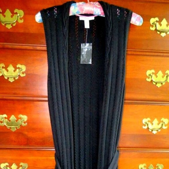 New NWOT Sz XXS Isaac Mizrahi Black Pointelle Knit Midi Sweater Vest w/Belt - Picture 1 of 16